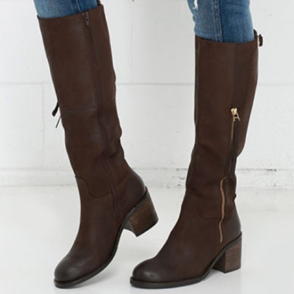 Dark brown tall boots w/2” block heel
